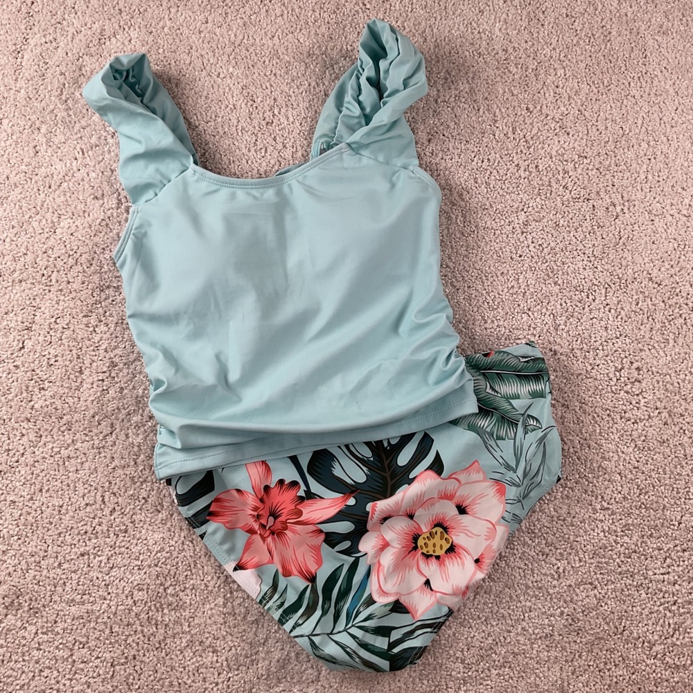 Girls Light Blue Tropical Floral Tankini Ruffle Twist Back Swimsuit Set 15-16Y - Picture 2 of 10